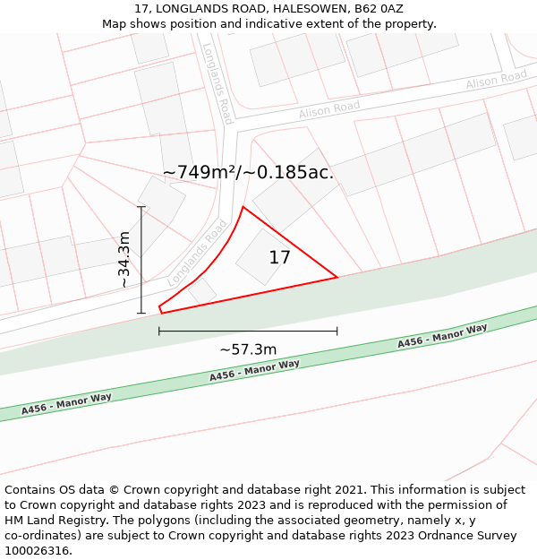 17, LONGLANDS ROAD, HALESOWEN, B62 0AZ: Plot and title map