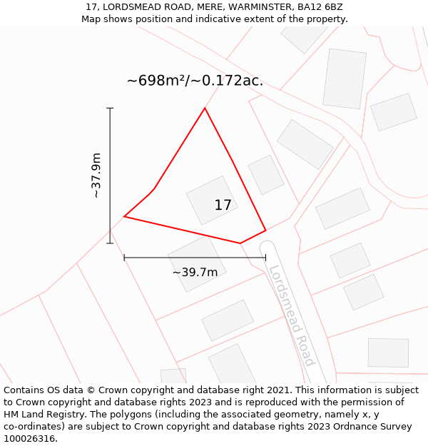 17, LORDSMEAD ROAD, MERE, WARMINSTER, BA12 6BZ: Plot and title map