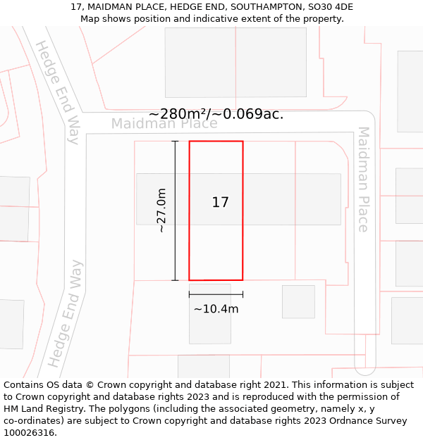 17, MAIDMAN PLACE, HEDGE END, SOUTHAMPTON, SO30 4DE: Plot and title map