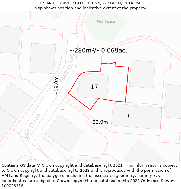 17, MALT DRIVE, SOUTH BRINK, WISBECH, PE14 0SR: Plot and title map