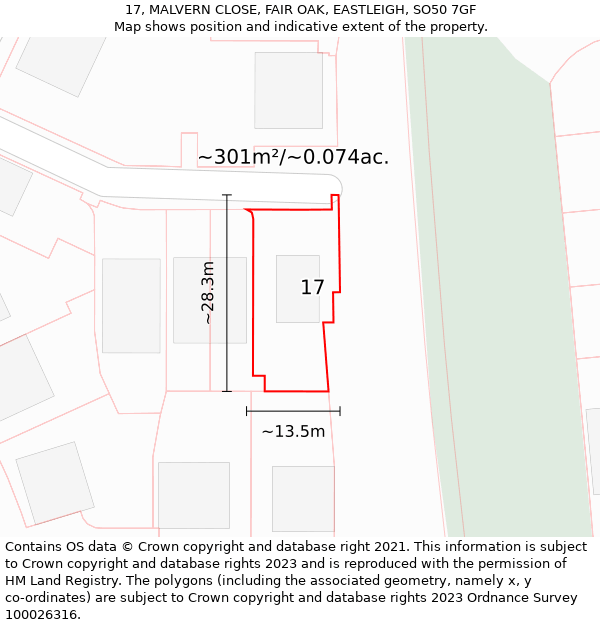 17, MALVERN CLOSE, FAIR OAK, EASTLEIGH, SO50 7GF: Plot and title map