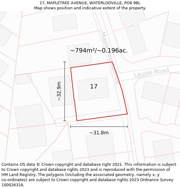 17, MAPLETREE AVENUE, WATERLOOVILLE, PO8 9BL: Plot and title map