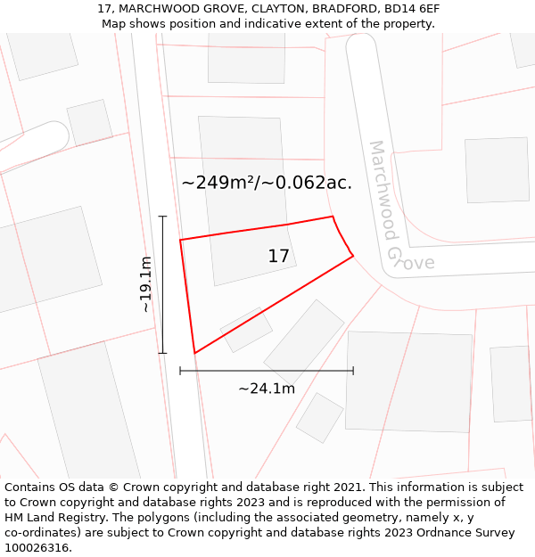 17, MARCHWOOD GROVE, CLAYTON, BRADFORD, BD14 6EF: Plot and title map