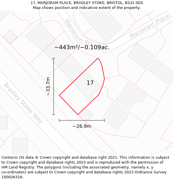 17, MARJORAM PLACE, BRADLEY STOKE, BRISTOL, BS32 0DS: Plot and title map