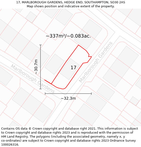 17, MARLBOROUGH GARDENS, HEDGE END, SOUTHAMPTON, SO30 2AS: Plot and title map