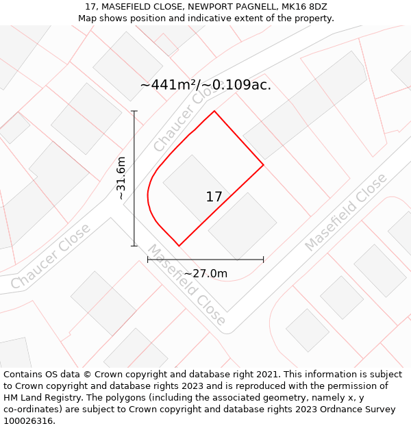 17, MASEFIELD CLOSE, NEWPORT PAGNELL, MK16 8DZ: Plot and title map