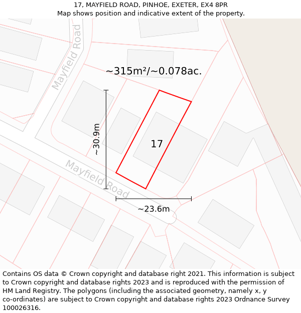 17, MAYFIELD ROAD, PINHOE, EXETER, EX4 8PR: Plot and title map