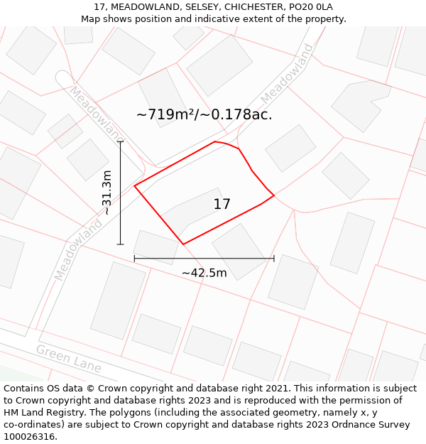 17, MEADOWLAND, SELSEY, CHICHESTER, PO20 0LA: Plot and title map