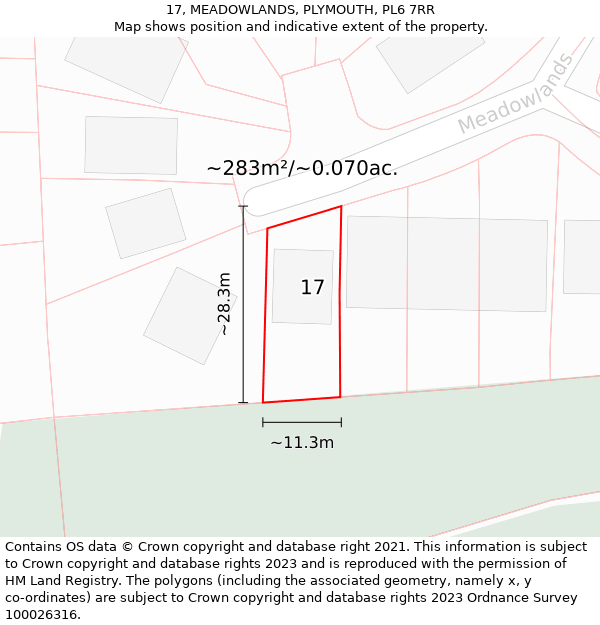 17, MEADOWLANDS, PLYMOUTH, PL6 7RR: Plot and title map