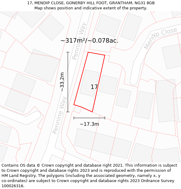 17, MENDIP CLOSE, GONERBY HILL FOOT, GRANTHAM, NG31 8GB: Plot and title map