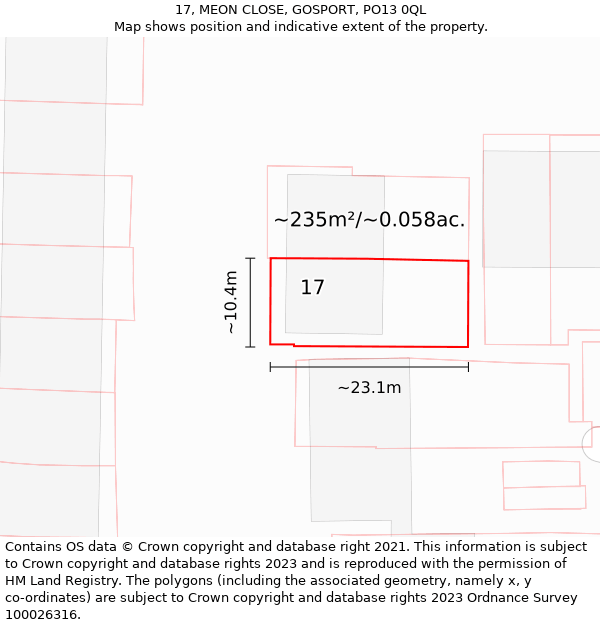 17, MEON CLOSE, GOSPORT, PO13 0QL: Plot and title map