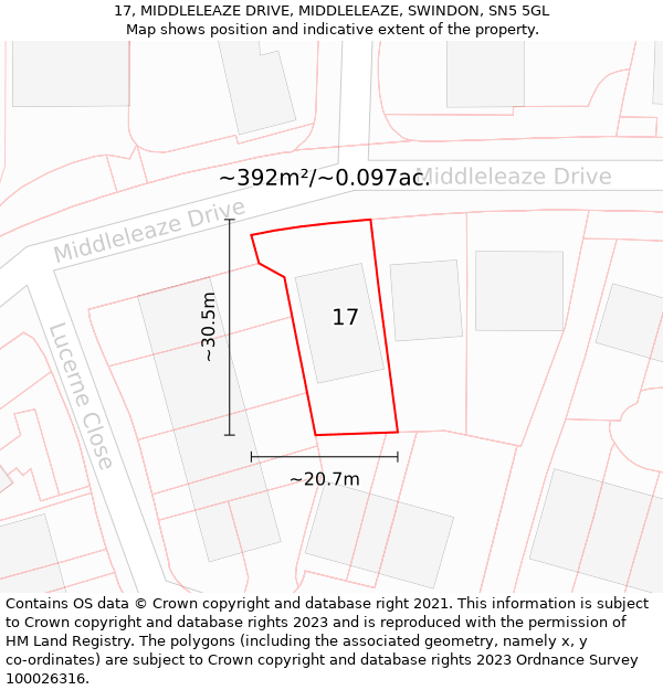 17, MIDDLELEAZE DRIVE, MIDDLELEAZE, SWINDON, SN5 5GL: Plot and title map