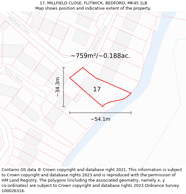 17, MILLFIELD CLOSE, FLITWICK, BEDFORD, MK45 1LB: Plot and title map