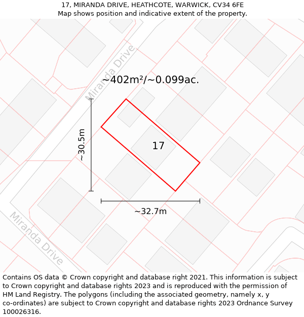 17, MIRANDA DRIVE, HEATHCOTE, WARWICK, CV34 6FE: Plot and title map