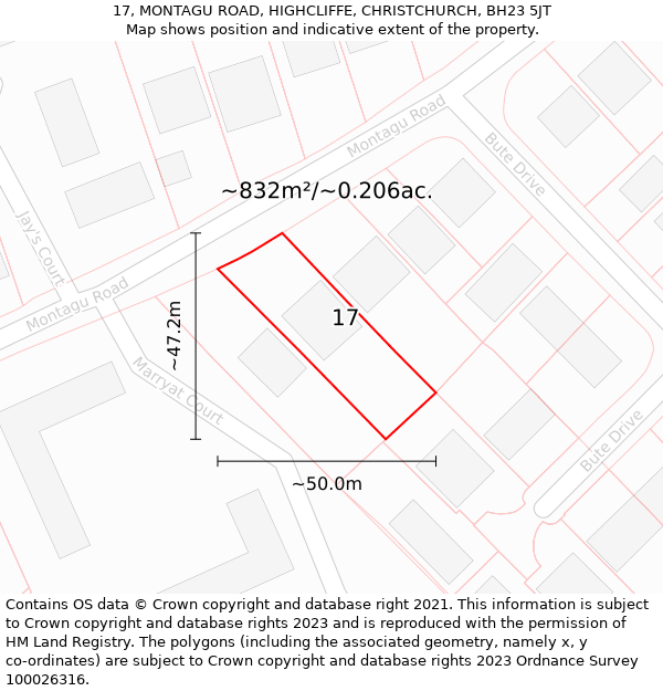 17, MONTAGU ROAD, HIGHCLIFFE, CHRISTCHURCH, BH23 5JT: Plot and title map