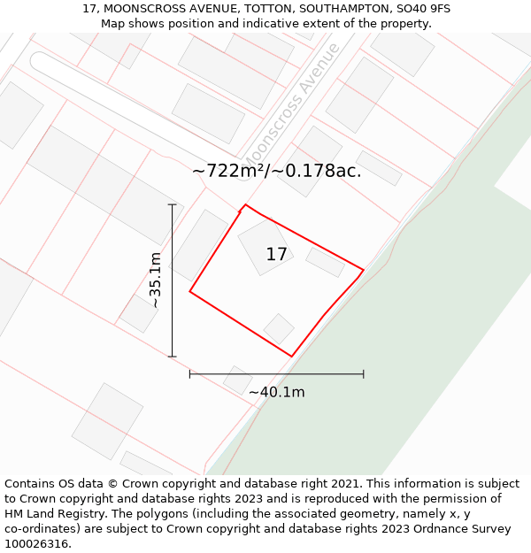 17, MOONSCROSS AVENUE, TOTTON, SOUTHAMPTON, SO40 9FS: Plot and title map