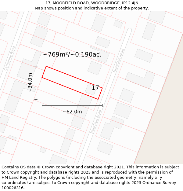 17, MOORFIELD ROAD, WOODBRIDGE, IP12 4JN: Plot and title map