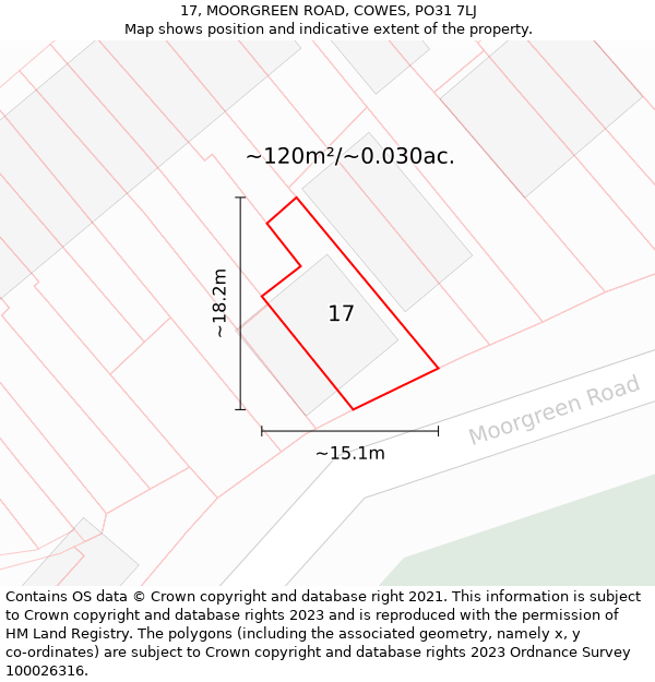 17, MOORGREEN ROAD, COWES, PO31 7LJ: Plot and title map