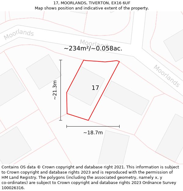 17, MOORLANDS, TIVERTON, EX16 6UF: Plot and title map