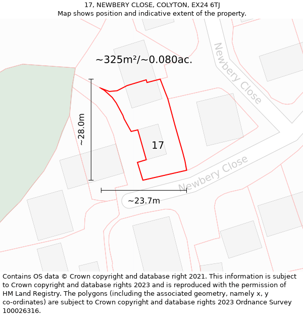 17, NEWBERY CLOSE, COLYTON, EX24 6TJ: Plot and title map