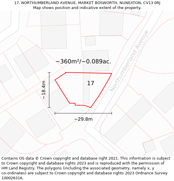 17, NORTHUMBERLAND AVENUE, MARKET BOSWORTH, NUNEATON, CV13 0RJ: Plot and title map