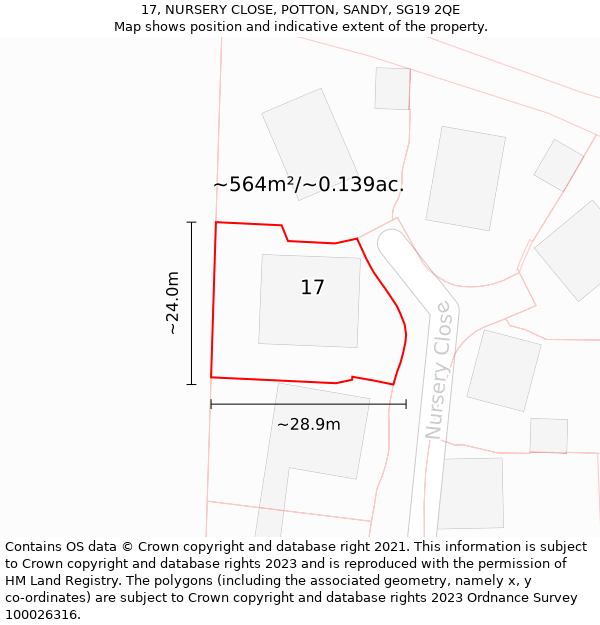 17, NURSERY CLOSE, POTTON, SANDY, SG19 2QE: Plot and title map