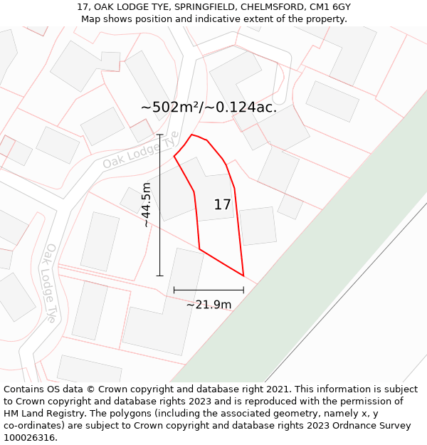 17, OAK LODGE TYE, SPRINGFIELD, CHELMSFORD, CM1 6GY: Plot and title map