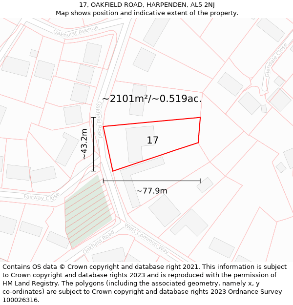 17, OAKFIELD ROAD, HARPENDEN, AL5 2NJ: Plot and title map