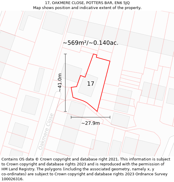 17, OAKMERE CLOSE, POTTERS BAR, EN6 5JQ: Plot and title map