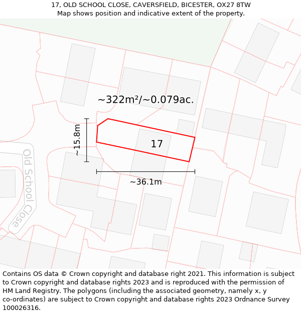 17, OLD SCHOOL CLOSE, CAVERSFIELD, BICESTER, OX27 8TW: Plot and title map