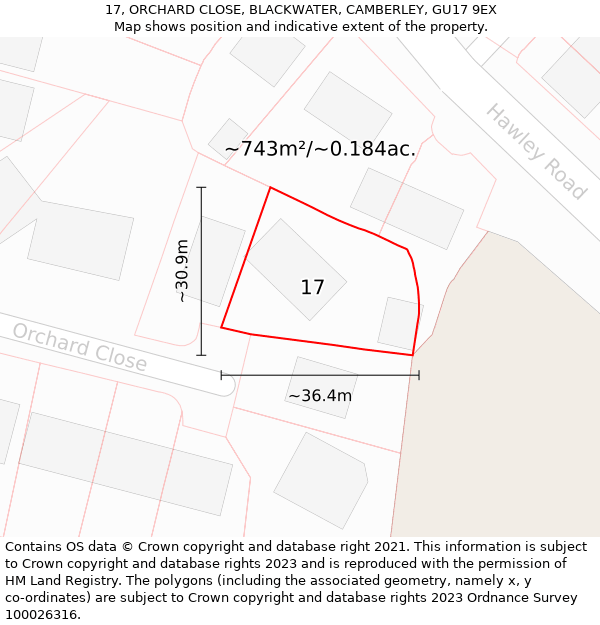 17, ORCHARD CLOSE, BLACKWATER, CAMBERLEY, GU17 9EX: Plot and title map