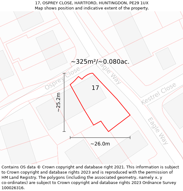 17, OSPREY CLOSE, HARTFORD, HUNTINGDON, PE29 1UX: Plot and title map