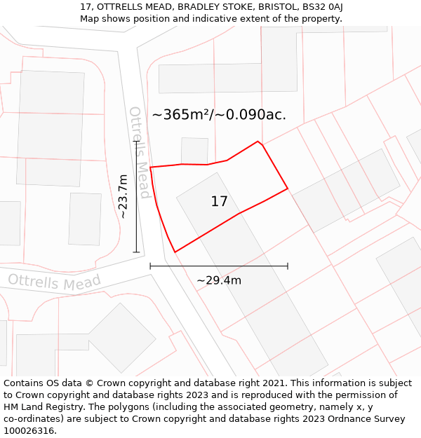 17, OTTRELLS MEAD, BRADLEY STOKE, BRISTOL, BS32 0AJ: Plot and title map