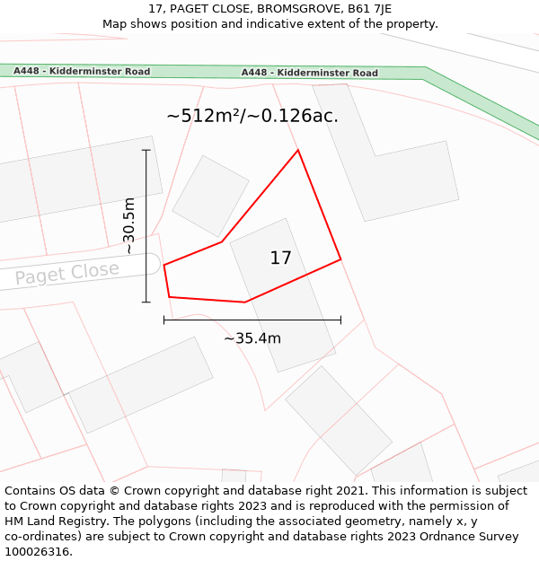 17, PAGET CLOSE, BROMSGROVE, B61 7JE: Plot and title map