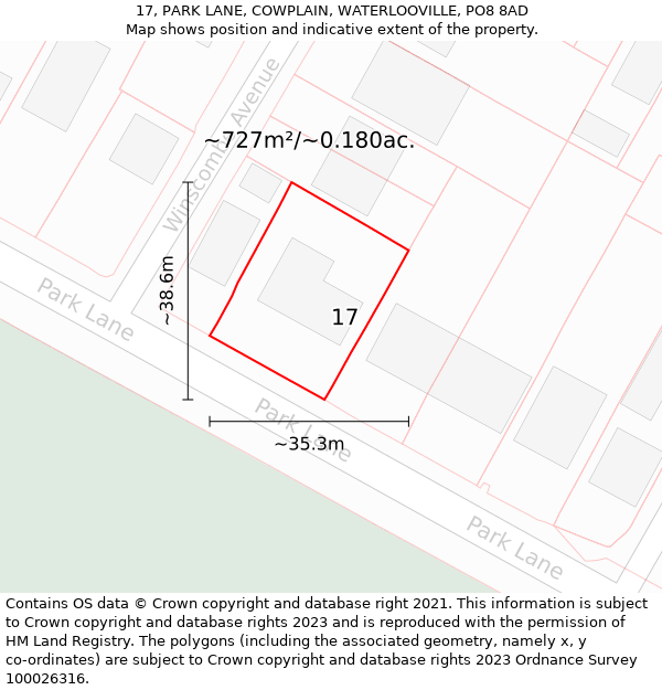 17, PARK LANE, COWPLAIN, WATERLOOVILLE, PO8 8AD: Plot and title map