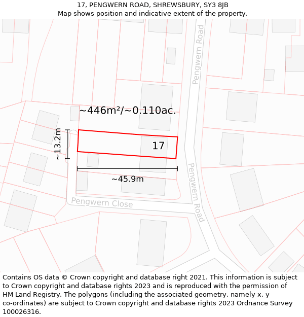 17, PENGWERN ROAD, SHREWSBURY, SY3 8JB: Plot and title map