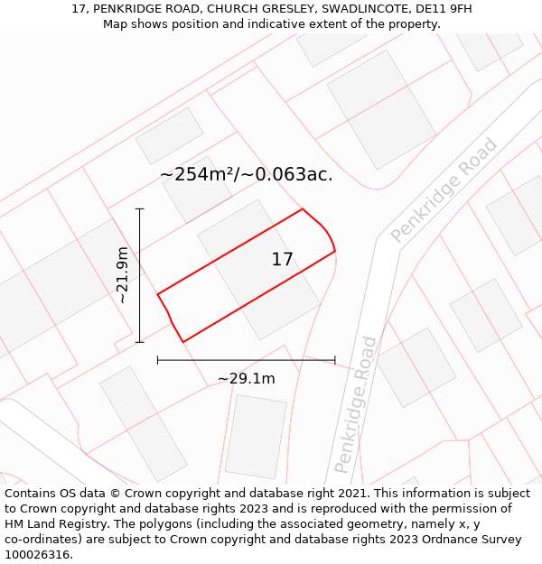 17, PENKRIDGE ROAD, CHURCH GRESLEY, SWADLINCOTE, DE11 9FH: Plot and title map
