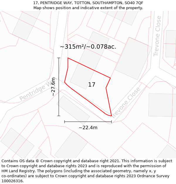 17, PENTRIDGE WAY, TOTTON, SOUTHAMPTON, SO40 7QF: Plot and title map