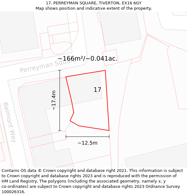 17, PERREYMAN SQUARE, TIVERTON, EX16 6GY: Plot and title map
