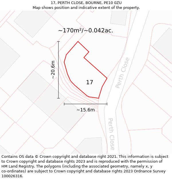 17, PERTH CLOSE, BOURNE, PE10 0ZU: Plot and title map