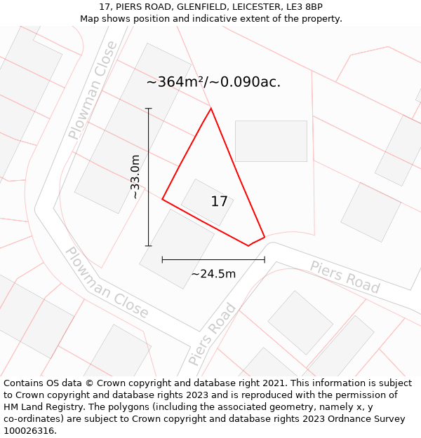17, PIERS ROAD, GLENFIELD, LEICESTER, LE3 8BP: Plot and title map
