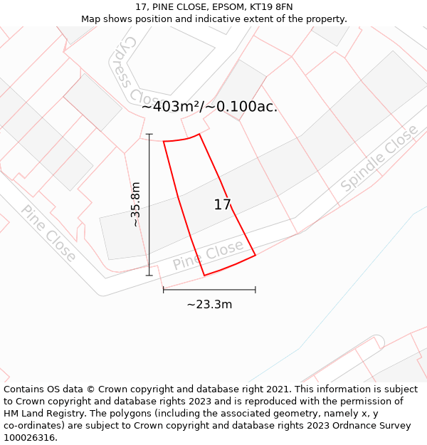 17, PINE CLOSE, EPSOM, KT19 8FN: Plot and title map