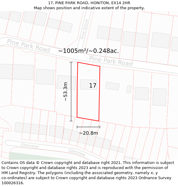 17, PINE PARK ROAD, HONITON, EX14 2HR: Plot and title map