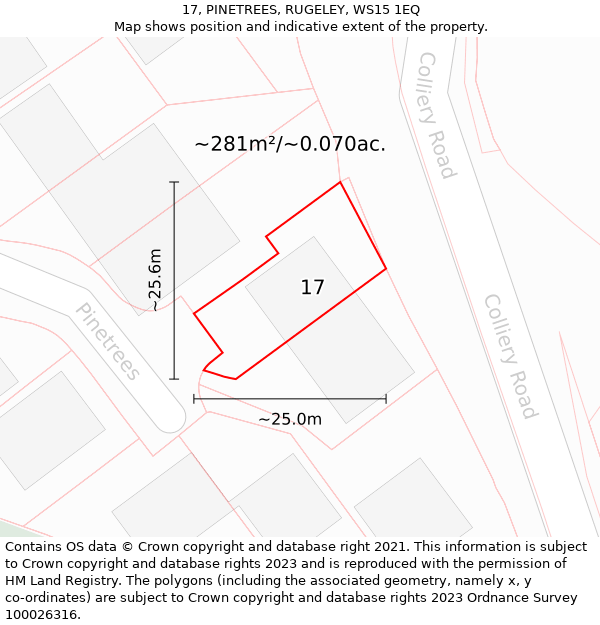 17, PINETREES, RUGELEY, WS15 1EQ: Plot and title map