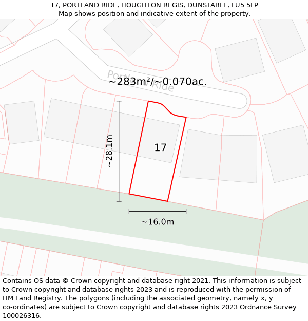 17, PORTLAND RIDE, HOUGHTON REGIS, DUNSTABLE, LU5 5FP: Plot and title map