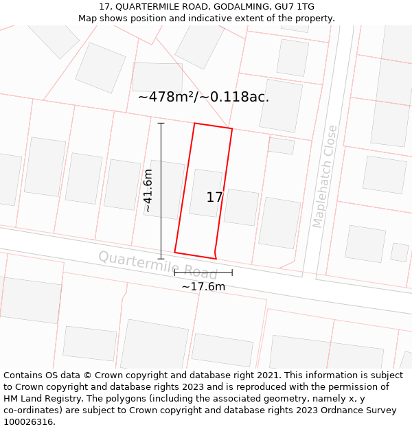 17, QUARTERMILE ROAD, GODALMING, GU7 1TG: Plot and title map