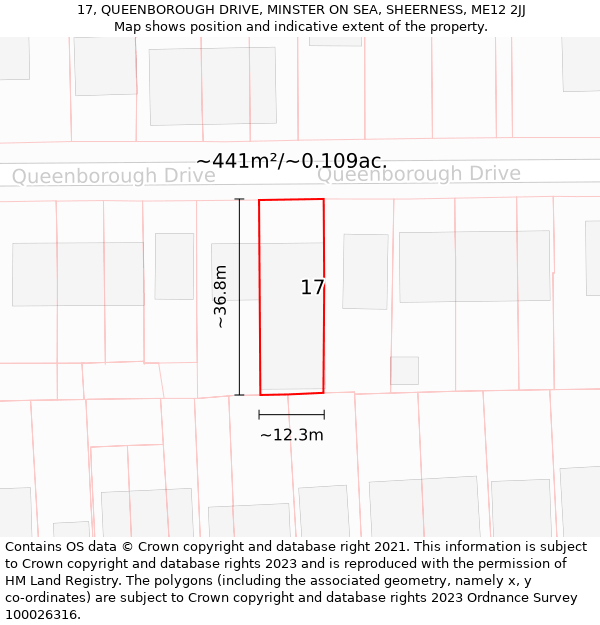 17, QUEENBOROUGH DRIVE, MINSTER ON SEA, SHEERNESS, ME12 2JJ: Plot and title map