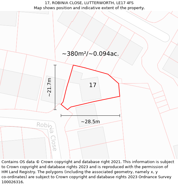 17, ROBINIA CLOSE, LUTTERWORTH, LE17 4FS: Plot and title map
