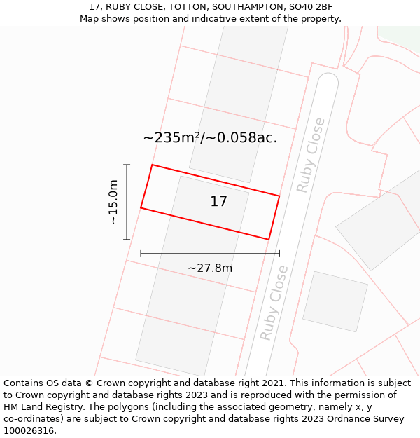 17, RUBY CLOSE, TOTTON, SOUTHAMPTON, SO40 2BF: Plot and title map