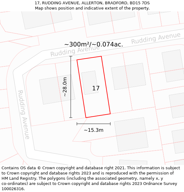 17, RUDDING AVENUE, ALLERTON, BRADFORD, BD15 7DS: Plot and title map